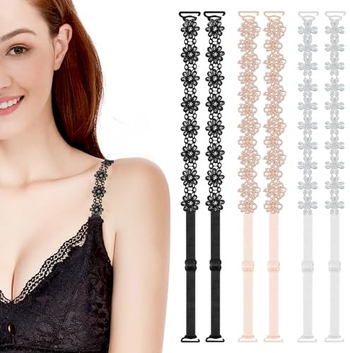 Cosysparks Bra Straps Lace Flower Elastic, 3 Pairs Cute Flower Women's Bra Straps and 1 Pair Clear Bra Strap Adjustable and Removable Dress Straps for Girls