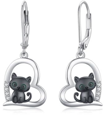 MEDWISE Schwarze Katze Ohrringe 925 Sterling Silber Herz Hängend Ohrringe Katze Schmuck Geschenk Hypoallergener für Mädchen Damen Ehefrau Mutter Frauen Kinder