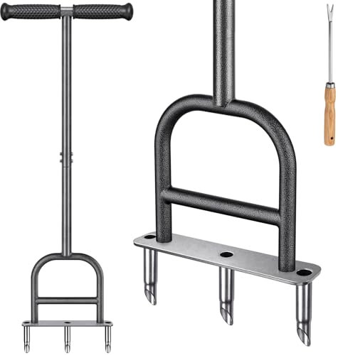 Dolibest Lawn Core Aerator, Hollow Tine Grass Aerating Tool Long Handle Manual Garden Soil Plugger 3 Prong Heavy Duty Coring Aeration Spike Soft Grip with Clay Release Tool