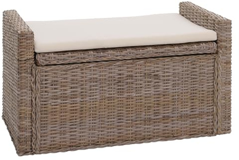 Mendler Aufbewahrungstruhe M92, Truhe Sitzbank Garderobenbank, Kissen Kubu Rattan 88cm - grau-braun