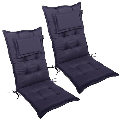 LILENO HOME Gartenstuhl Auflagen als [2er Set - Hochlehner] in Dunkelblau - Bequeme Liegen als Sitzauflagen für Gartenmöbel - Stuhlkissen für Gartenstühle und Klappstühle MAR