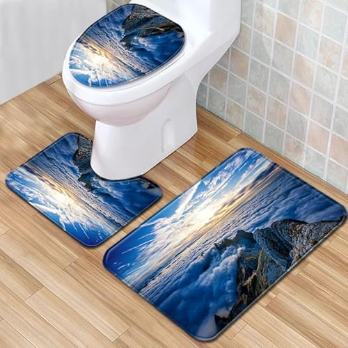 Bad Teppiche Set 3-Teiliges Blaue Weiße Wolken WC Vorleger Mit Ausschnitt Badematte Saugfähig WC Deckelbezug Badvorleger rutschfest Waschbar Toilettensitzbezug Badgarnitur (50x80cm)