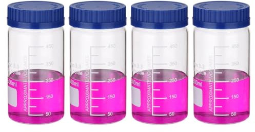 Cenei Paquet de 4 Flacons de Stockage de Réactifs, Flacons Ronds Gradués à Col Large en Verre Borosilicaté de 500 ML avec Bouchon à Vis GL32