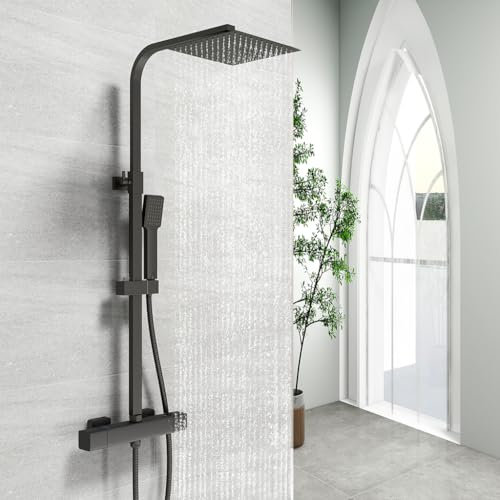 OCEAN ITALY Kit Doccia con Soffione 25x25cm in Acciaio Inox, Colonna Doccia con Miscelatore Termostatico 280x40mm, Saliscendi Regolabile 75-128cm, Nero opaco