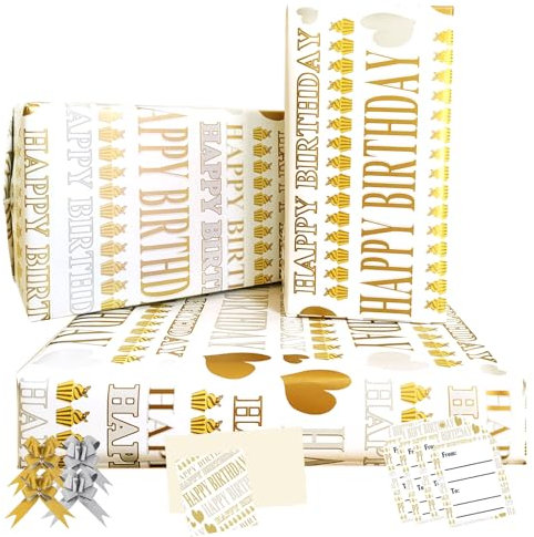 RU-X Papier Cadeau Anniversaire 85 * 60cm, 4 Feuille Avec 4 Noeud Papillon Or, 2 Carte Anniversaire, 4 Etiquette, Pour Enfant Fille Garcon Homme Femme