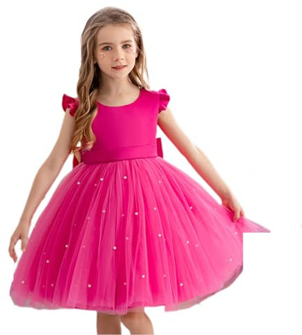 Fiore Ragazza Abiti da Sposa per Matrimoni Abiti da Damigella d'Onore Nodo A Fiocco Tulle Abito Bambini Formale Abito da Ballo da Sera Prima Comunione Vestito Rosa Rossa 7-8 Anni