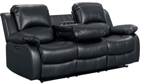 Faux Black Leather 3 Seater Recliner Sofa | 2 Seater & Drop Table Option | Footrest, Electric Sockets/USB Port & Cupholders | Easy Clean Fabric | 3 Positions & 160° Electric Recline | Valencia
