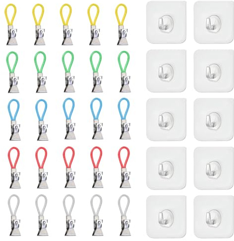 TPTGIAR 25 Stück Handtuchklammern, Metall Aufhänger für Handtücher, 5 Farben Handtuchclips, Multifunktional Handtuch Aufhänger mit 10 Klebehaken, Handtuchaufhänger Ohne Nähen für Bad Kücher