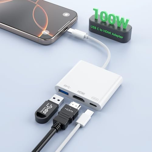3 in 1 USB C to HDMI Adapter, Type C Multiport Adapter with 100W PD Fast Charging & 5Gbps USB 3.0 Port, 4K HDMI to Type C Digital AV Multiport Adapter for iPhone 16 15/MacBook/iPad/Samsung