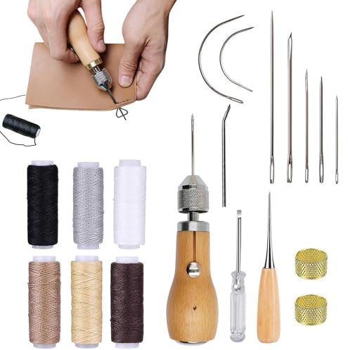 Leder Nähset, Lederhandwerk Ledernähset,Nähset grundausstattung Enthalten Leder Nähahle,Hand Ledernadeln,6 Rollen Leder Wachsfaden,Mit 7Pcs Nadel, Messingring,Greifer,für DIY Handwerk