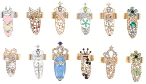 HAPINARY 12 Stück Nagelkunst Charms Kristall Nagel Cover Maniküre Fingerring Schmuck Für Hochzeit Valentinstag Party Dekoration
