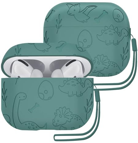 ECZOIL Schutzhülle mit Dinosaurier-Gravur, kompatibel mit AirPods Pro 2. / 1. Generation, weiche Silikon-Schutzhülle mit Silikon-Umhängeband für AirPods Pro 2 und 1, Dunkelgrün