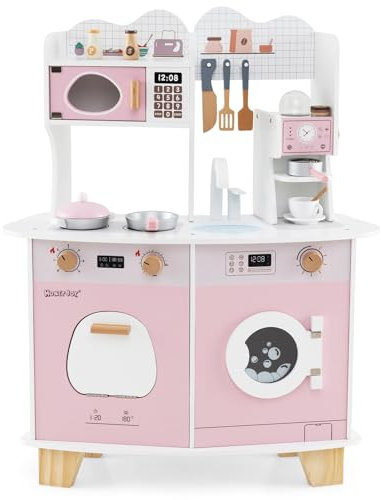 COSTWAY Cuisine Enfants avec Cafetière & Micro-Ondes, Jeux de Cuisine Enfant avec 14 Accessoires & Machine à Laver, Armoires de Rangement avec Porte, Jouet d'Imitation pour Tout-Petit de 3 Ans+