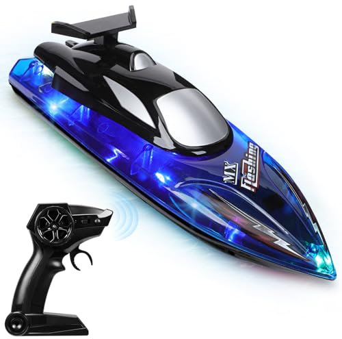 Helmsyde Bateau Télécommandé Bateau RC pour Enfants avec lumières LED 2,4 GHz Haute Vitesse Bateaux pour Les piscines et Les Lacs 2 Batteries avec Alarme de Batterie Faible Cadeau de Jouets