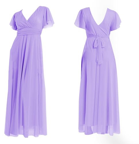 VALORIALUXE Abito Lungo Elegante Donna con Maniche Volant e Scollo a V – Vestito da Cerimonia Made in Italy (IT, Testo, Taglia Unica, Regular, Regular, Lilla)