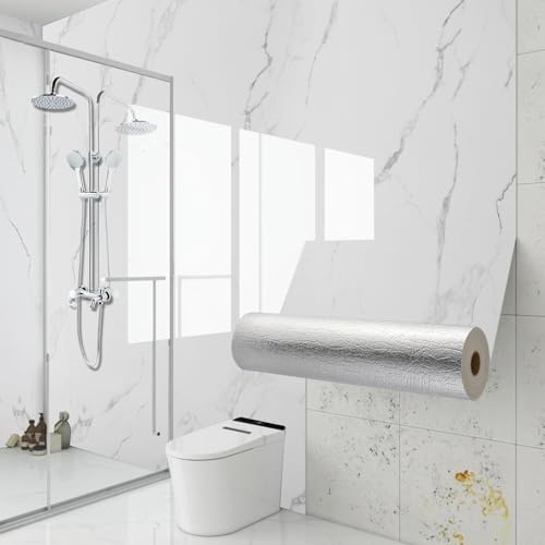 Camiraft Klebefliesen Bad und Küche Marmor 40cm x 300cm, 2.3mm Dick Selbstklebende Fliesen Weiß Wasserdicht, Wandpaneele Selbstklebend für Möbel Küchenrückwand Bad Wohnzimmer Wandfliesen,4 Rolle