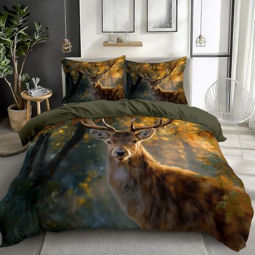 Bettwäsche 155 x 220 cm Dunkelgrün, Bettbezug Fantasie Wald Tiere Elch Muster Reversibel Atmungsaktiv Microfaser Kind Bettwaren-Set mit Reißverschluss - für den Sommereinsatz