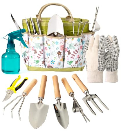Bamworld 9-Piece Garden Tools Set with Heavy Duty Rust-Proof Stainless Steel and Organizer Ideal Gardening Gifts for Women & Men, Gardening Kit for gardening supplies
