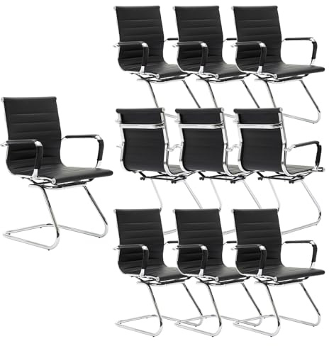 chairus Freischwinger Stühle 10er Set PU-Leder Konferenzstuhl Schwarz | Besucherstuhl Ergonomischer mit Armlehnen, Moderner Schwingstuhl mit Chromgestell, Bürostühle Konferenz-Raum/Wartezimmer/Büro