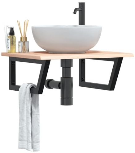 HaoChrymec Waschtischplatte mit Halterung Stahl und Massivholz Eiche, Trapezform, platzsparend, Waschbeckenunterschrank, Badmöbel Set, Waschtischunterschrank, Dunkelbraun, 60 x 50 x 2 cm