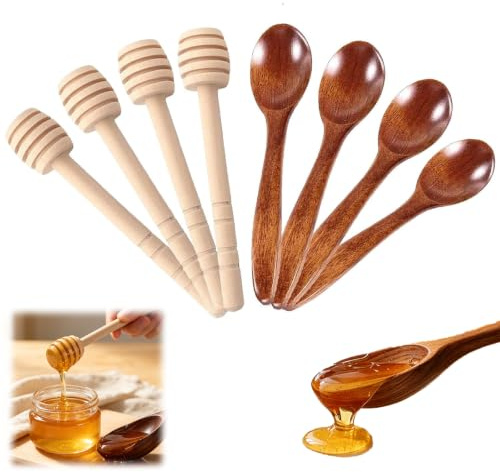 8 Pcs Wooden Honey Dippers & Spoons Set – Natural Wood Honey Stirrer Sticks and Mini Wooden Spoons for Honey, Jam, Syrup, Tea, Baking, Kitchen Use