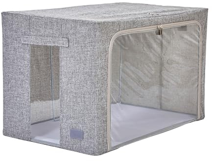 Periea ‘Beau’ Folding Collapsible Stackable Fabric Home Storage Boxes with Steel Frames (Grey Hemp, Jumbo)