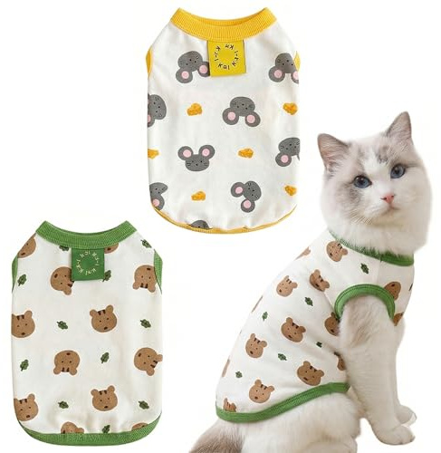 RVYEIOP 2 Pièces Body pour Chat et Chaton, Vêtement Chat Doux et Respirant, Pull Chat avec Motif Ours et Souris, Taille L (Poitrine 45cm, Dos 35cm, 4-5.5kg), Vert et Jaune