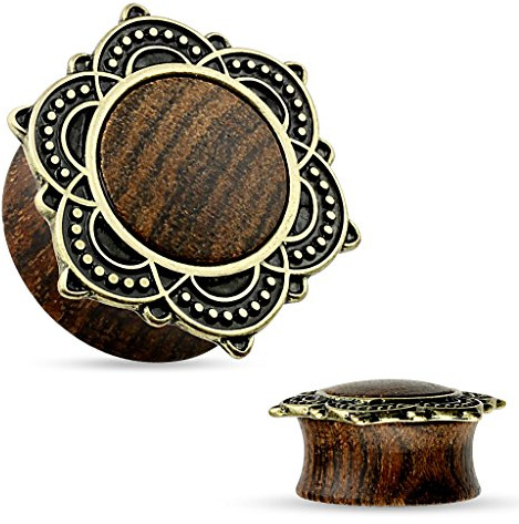 Holz Plug Ornament Vintage Antik Ohr Piercing Tribal Blume Rose of Sharon Ethno Autiga®