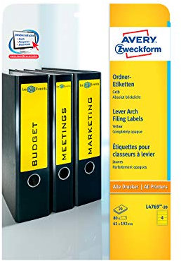Avery Zweckform© L4769-20 Ordner-Etiketten, 192 x 61 mm, 20 Blatt/80 Etiketten, gelb