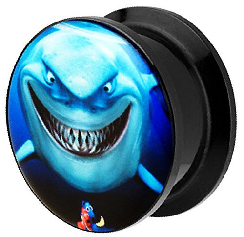 Piersando Ohr Plug Piercing Kunststoff Motiv Comic Picture Flesh Tunnel Ohrplug mit Nemo Shark Fisch Schwarz Blau 6mm