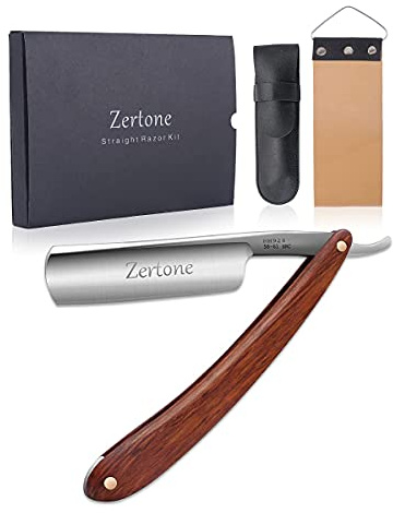 Zertone Straight Razors for Men Kit with Strop - Straight Edge Razor Natural Wood Scale – Sharp, High Hardness Carbon Steel Cutthroat Straight Razor Shaving Kit, Vintage Wood Handle, Barber Razor