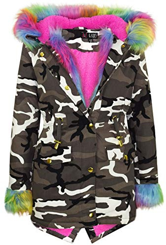 A2Z 4 Kids Kids Girls Hooded Faux Fur School Outerwear Coats - Jacket JK21 Camo Rainbow Fur._11-12