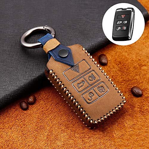 ontto Coque de clé de Voiture pour Range Rover Velar Evoque Land Rover Discovery Sport Jaguar E-Pace 2018 2019 Étui Cas pour Télécommande de clé Voiture en Cuir Protection de clé Porte-clés-Marron