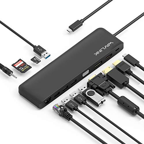 WAVLINK Triple Display Docking Station con HDMI, DisplayPort, VGA, carga PD de 100 W, Ethernet, lector de tarjetas MicroSD y SD, 2 USB 3.0, 2 USB 2.0, conector de audio, para Windows/Mac