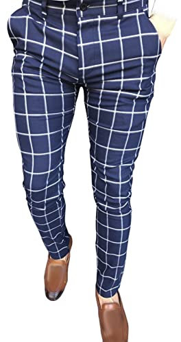 ADOSSAC Chino Homme à Carreaux Mode Décontracté Bussiness Pantalon d'affaires Slim Fit Pantalon Taille Élastique avec Poches Pantalon de Sport Décontracté Coupe Ajustée Rayé Casual Coupe Ajustée