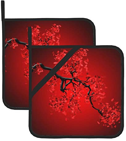 Portavaso isolato quadrato con fiori di ciliegio rosso – 20 x 20 cm (set di due pezzi) spesso e durevole, isolamento termico anti-scottatura.