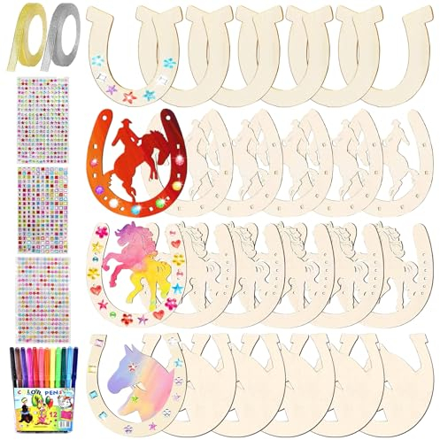 Seasboes Hufeisen Holz, 24 Stück für Kindergeburtstag, Ausschnitte Handwerk, DIY Unvollendete Holzscheiben mit 12 Aquarellstift, 3 Paillettenaufklebern, 2 Glitzerband