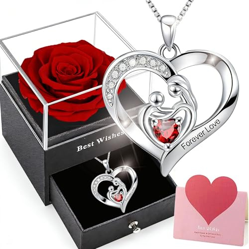 Mothers day gifts for Mum,Forever Rose Box with Heart Silver Necklace,Eternal Rose with Mother and Baby Garnet Pedant,Crystal Necklace for Mother and Daughter Gifts,Preserved Real Birthday Gift.