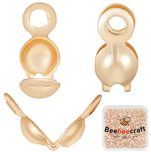 Beebeecraft 1 Box 400 Stück Clamshell Quetschperlen Spitzen Knotenabdeckungen 3 mm 18K Vergoldetes Messing Runde Offene Quetschperlen Abdeckungen Für Die DIY-Schmuckherstellung