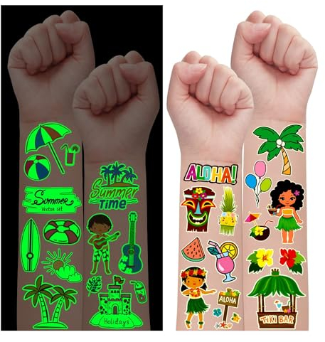 Leesgel Leucht Hawaiian Tattoo Kinder, 300+ Hawaii Kinder Tattoo Aufkleber Kindertattoos Jungen Mädchen, Hawaii Deko Luau Beach Tropical Geburtstag Deko Sommer Party Zubehör Hawaii Sticker Spielzeug