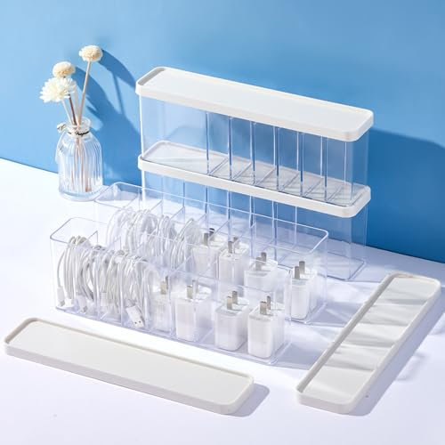 Leinuosen 4 Pcs Charging Cord Organizer with Lid and 40 Wire Ties Storage Cable Management Box with 7 Compartments Clear Plastic Cable Storage Cord Storage Organizer for Office Desk Drawer Stationery