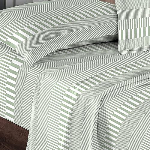 Pizuna Cotton Green Printed Bedding Sets Super King 400 Thread Count | Cascade Stripe 100% Long Staple Cotton Sateen Bed Sheets Includes 1 Fitted Sheet Flat Sheet 2 Pillowcases