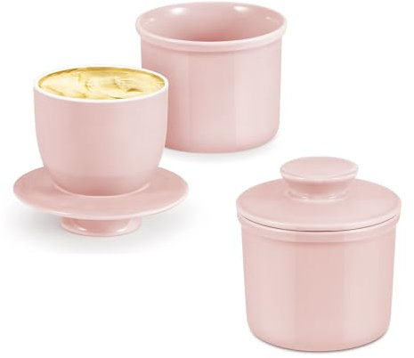 Flexzion Porcelain Butter Crock Butter Keeper, French Butter Dish with Lid, Tabletop Spreadable Soft and Fresh Water Sealed Butter Holder Cafe Retro Collection Farmhouse Decor 2 Pack (Pink)