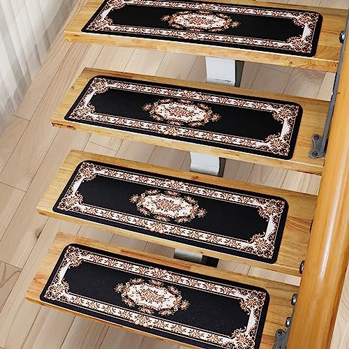 Plancholo Peldaños de escalera de estilo europeo de 8.7 x 30 pulgadas para peldaños de madera (paquete de 15) para interiores, antideslizantes, lavables a máquina, color negro