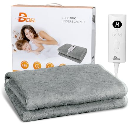 DOEL Electric Blanket Single 150x75cm, 66W Flannel Heated Underblanket with 10 Heating Levels, 3/12 Hours Auto-Off Timer and LED Display, Machine Washable, 220-230V, 50-60Hz, Grey