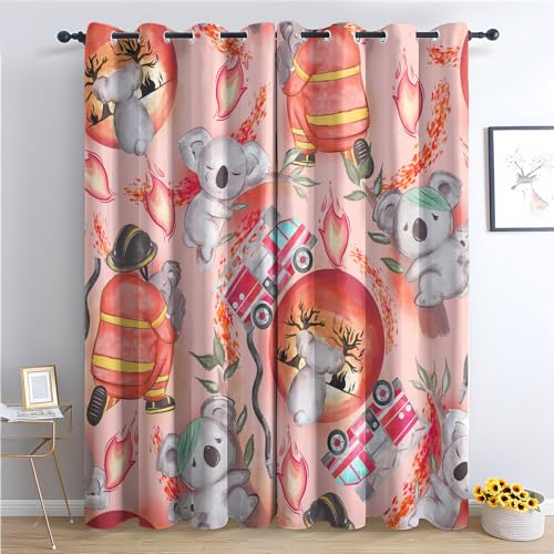 THYUNQ Vorhänge Feuerwehr Koala Motiv, Vorhang Blickdicht Verdunklungsvorhänge Thermovorhang mit Ösen, Gardinen Wohnzimmer Schlafzimmer Fenster, 2er Set Curtains, H 300 x B 140 cm