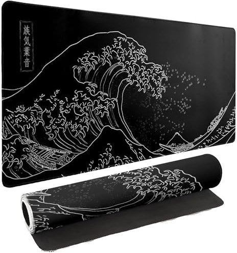 Lylm Tapis De Souris Vague de mer Japonaise Tapis de Souris de Jeu Noir Anime étendu XXL Grands sous-Mains de Bureau Tapis de Souris d'ordinateur Lignes de Contour(Size:35.4x15.7in)