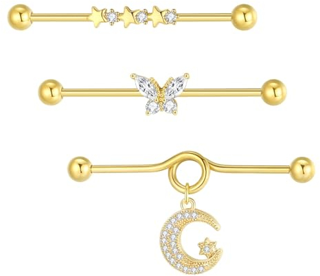 Besyvvin 3stk Industrial Piercing Bars 38mm Gold Chirurgenstahl 14G Pfeil Schmetterling Scaffold Ohr Piercing Schmuck