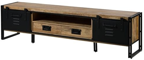 MASSIVMOEBEL24.DE | Blackburn TV-Board aus Massivholz u. Eisen #112 | aus Mangoholz - Natur, lackiert | mit 2 Schiebtüren, 5 Fächer und 2 Schubladen | 220x45x55 cm | Spind-Optik und Locker-Room-Style