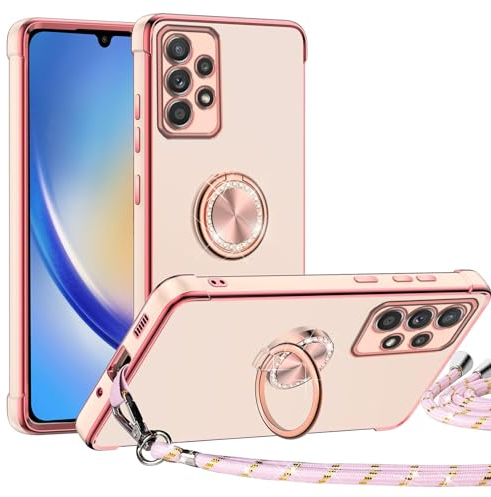 TUUTPU Handykette für Samsung Galaxy A53 5G Hülle mit Band, Herz Muster Handyhülle mit 360° Ring Ständer Dünn Silikon TPU Stoßfeste Schutzhülle mit Abnehmbar Kordel zum Umhängen mit Schnur, Rosa